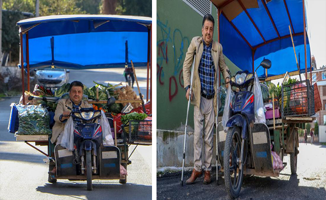 Yürüme engelli 'şekerci amca', motosikletiyle sebze meyve satıyor