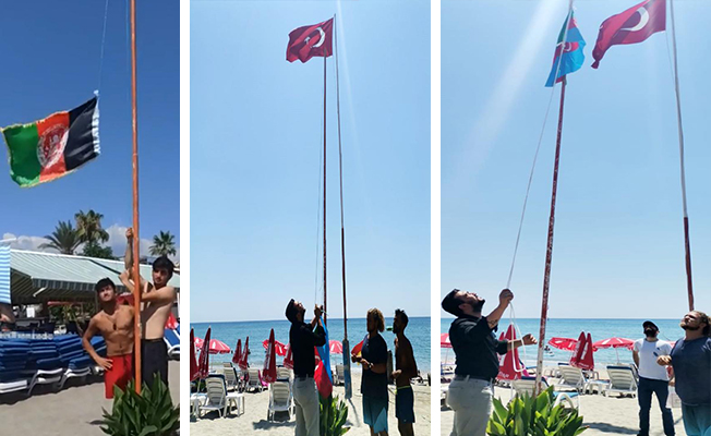 Alanya'da plaja tepki çeken videonun ardından Türk ve Azerbaycan bayrağı çekildi