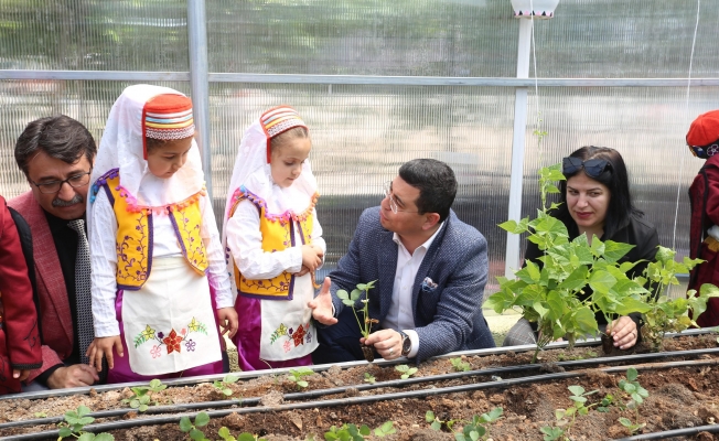 Başkan Tütüncü, okul serasına çocuklarla çilek ekti