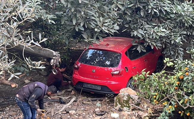 DSİ'ye ait sulama borusu patladı, park halindeki otomobil suyla birlikte portakal bahçesine sürüklendi