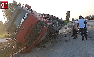 Tomruk yüklü kamyon devrildi!