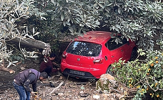 DSİ'ye ait sulama borusu patladı, park halindeki otomobil suyla birlikte portakal bahçesine sürüklendi